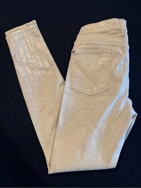 7 For All Mankind White Snake-Print Skinny Jeans with Subtle Shine